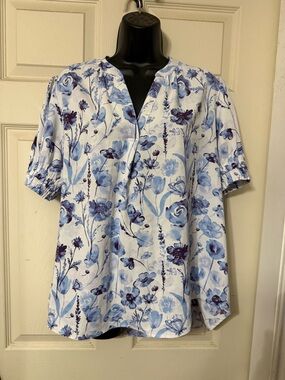 Cato White Blouse with Light and Dark Blue Floral Print